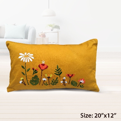 Picture of Hand Embroidery Floral Motif Cushion Cover 20x12 Inches, Cotton Fabric, Washable, No Zipper