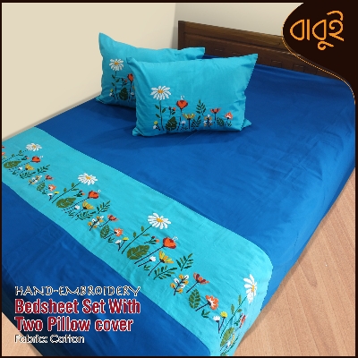 Picture of Hand-embroidery Cotton Fabric 7 Feet by 8.5 Feet Double King Size Bedsheet Set with Two Pillow Covers Bed Sheet