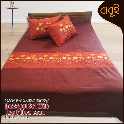 Picture of Hand-embroidery Cotton Fabric 7 Feet by 8.5 Feet Double King Size Bedsheet Set with Two Pillow Covers Bed Sheet