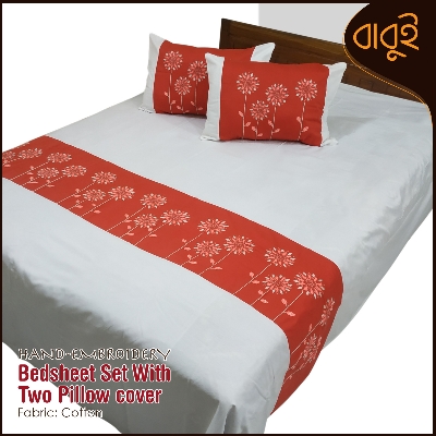 Picture of Hand-embroidery floral motif art Cotton Fabric 7 Feet by 8.5 Feet Double King Size Bedsheet Set with Two Pillow Covers Bed Sheet