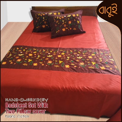 Picture of Hand-embroidery floral motif art Cotton Fabric 7.5 Feet by 8.5 Feet Double King Size Bedsheet Set with Two Pillow Covers BedSheet