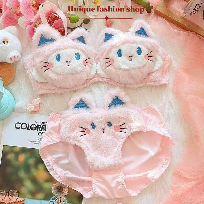 Picture of Cat fall and winter limited to cute plush underwear confortable women lingerie non-steel ring bra set to keep warm bralette