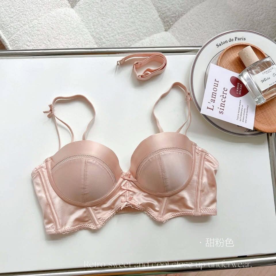 Picture of Satin Face Underwear No Underwire Small Chest Gathering Deep V Upper Collection Pair of Breast Half Cup Bra Set