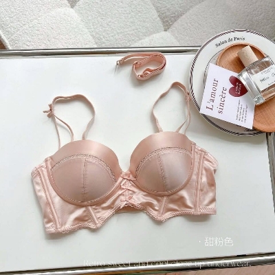 Picture of Satin Face Underwear No Underwire Small Chest Gathering Deep V Upper Collection Pair of Breast Half Cup Bra Set