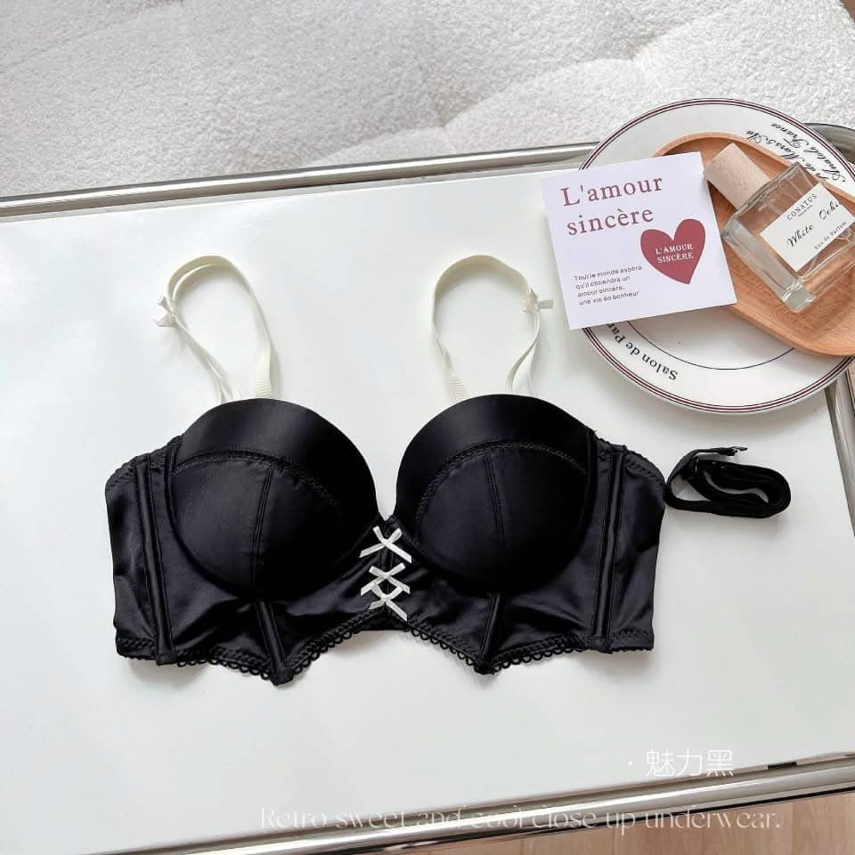 Picture of Satin Face Underwear No Underwire Small Chest Gathering Deep V Upper Collection Pair of Breast Half Cup Bra Set