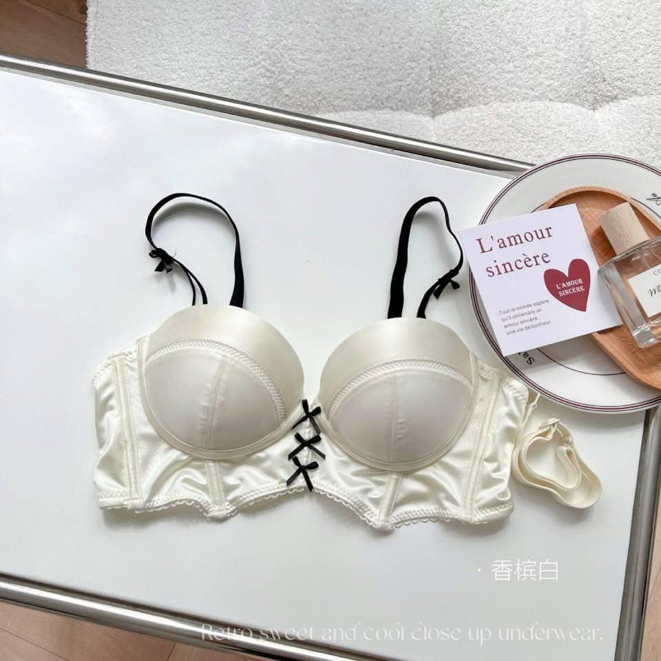 Picture of Satin Face Underwear No Underwire Small Chest Gathering Deep V Upper Collection Pair of Breast Half Cup Bra Set