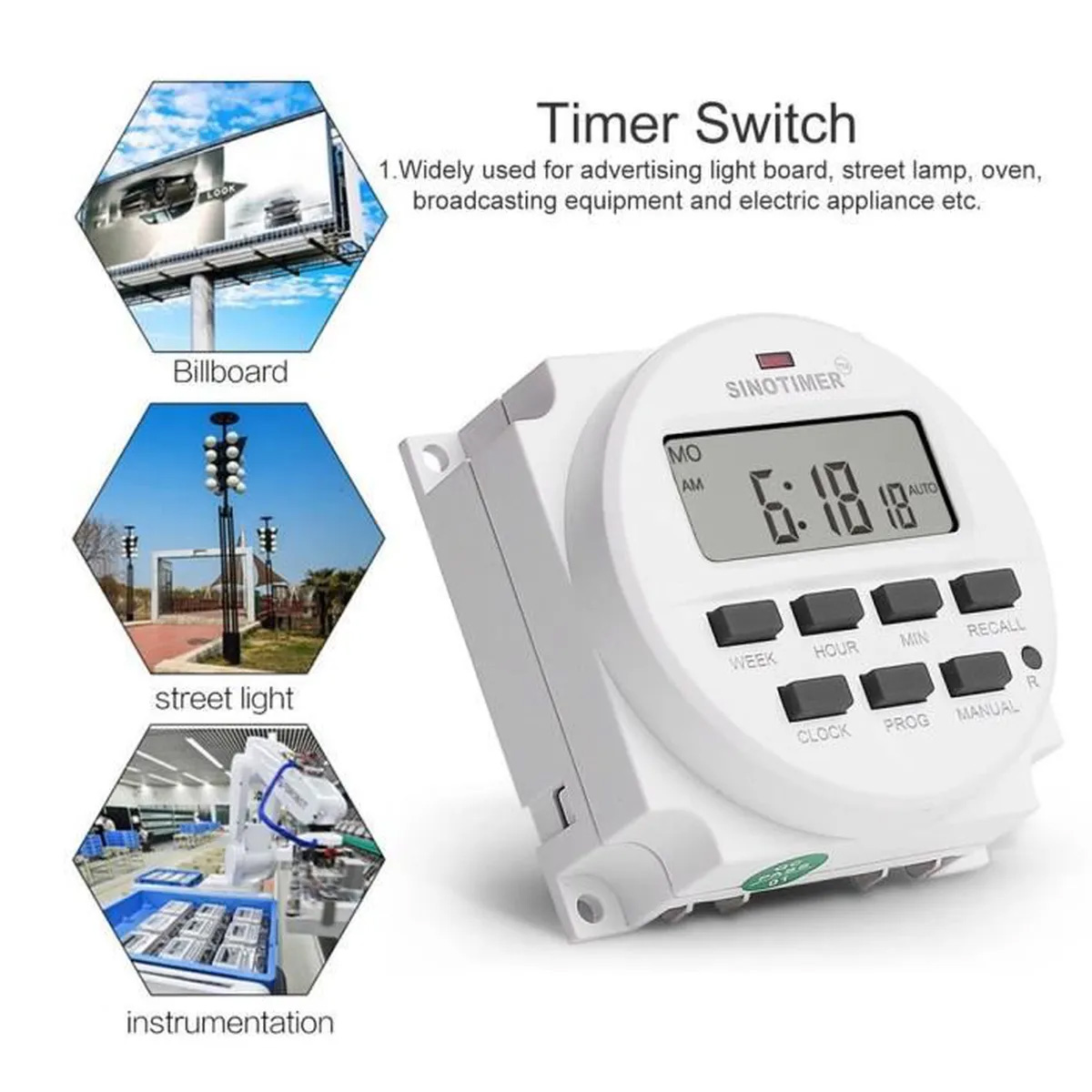Picture of AC 220V / DC 12V 16A Programmable in Bangladesh - Capacity 16AMP 250V AC - 1 Changeover Switch - Power consumption 4.5 VA - Digital Timer Switch