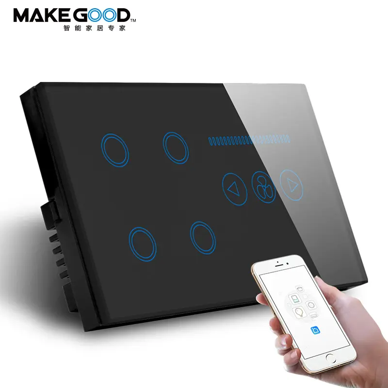 Picture of WiFi 4-Gang Smart Touch Screen Glass Panel Wall Switch with Fan Speed Control Black