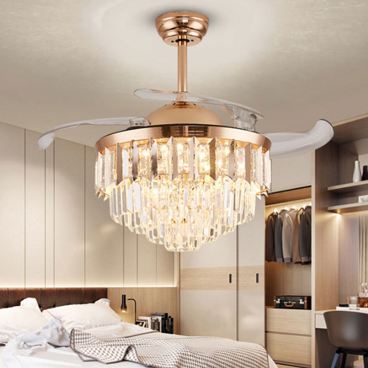 Picture of Remote Control Retractable Blades Crystal Ceiling Fan Chandelier