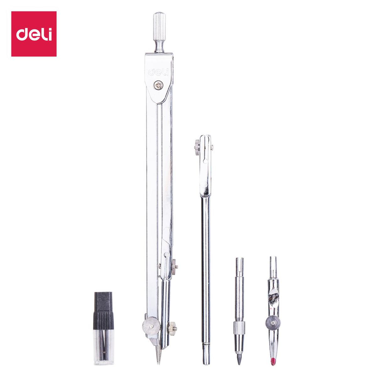 Picture of Deli E8604 Metal 5PCS Compass W/Pencil Leads Ink Drawer - Silver