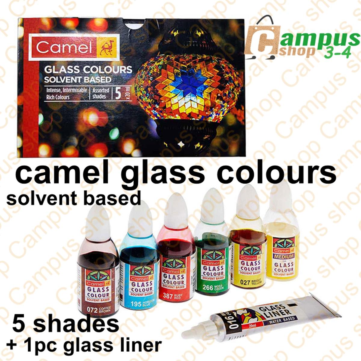 Picture of Camel Glass Colours Set (Solvent Based) 5 Colors 1pc Medium 1pc Liner for Glass Painting