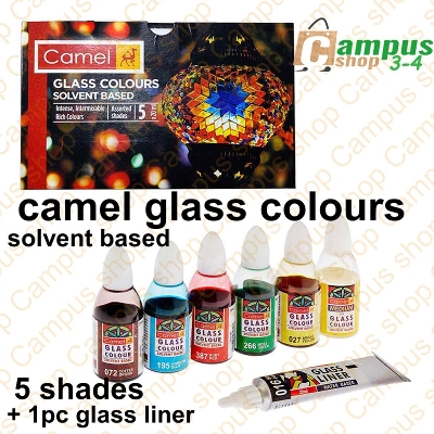 Picture of Camel Glass Colours Set (Solvent Based) 5 Colors 1pc Medium 1pc Liner for Glass Painting