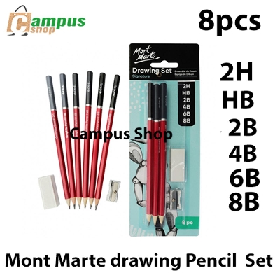 Picture of Mont Marte  6 Pcs graphite pencils - 2H, HB, 2B, 4B, 6B and 8B,Eraser And Metal Sharpener Drawing Set  Of 8 Pcs