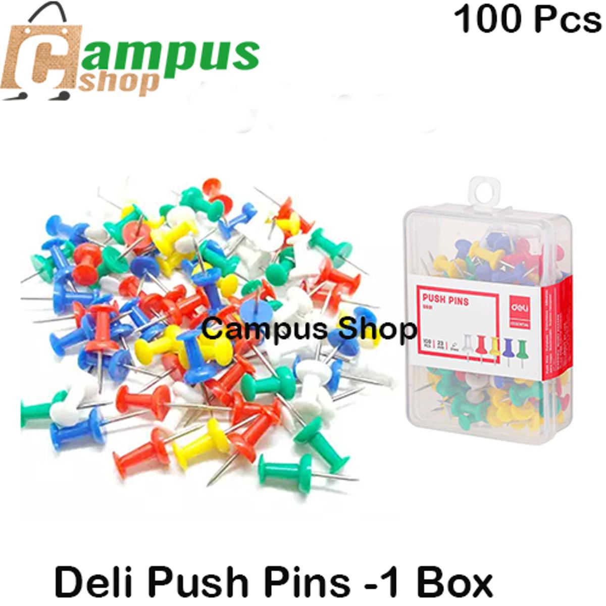 Picture of De li Push Pins 100 Pcs-1 Box - Multicolor (Notice Board Pin)
