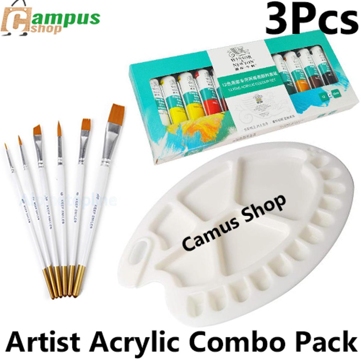 Picture of Artist Acrylic Combo Pack-Brush Set 6Pcs,Round Colour palette,Winsor Newton Fine Acrylic Colour Set 12 Colour Tube 10ml