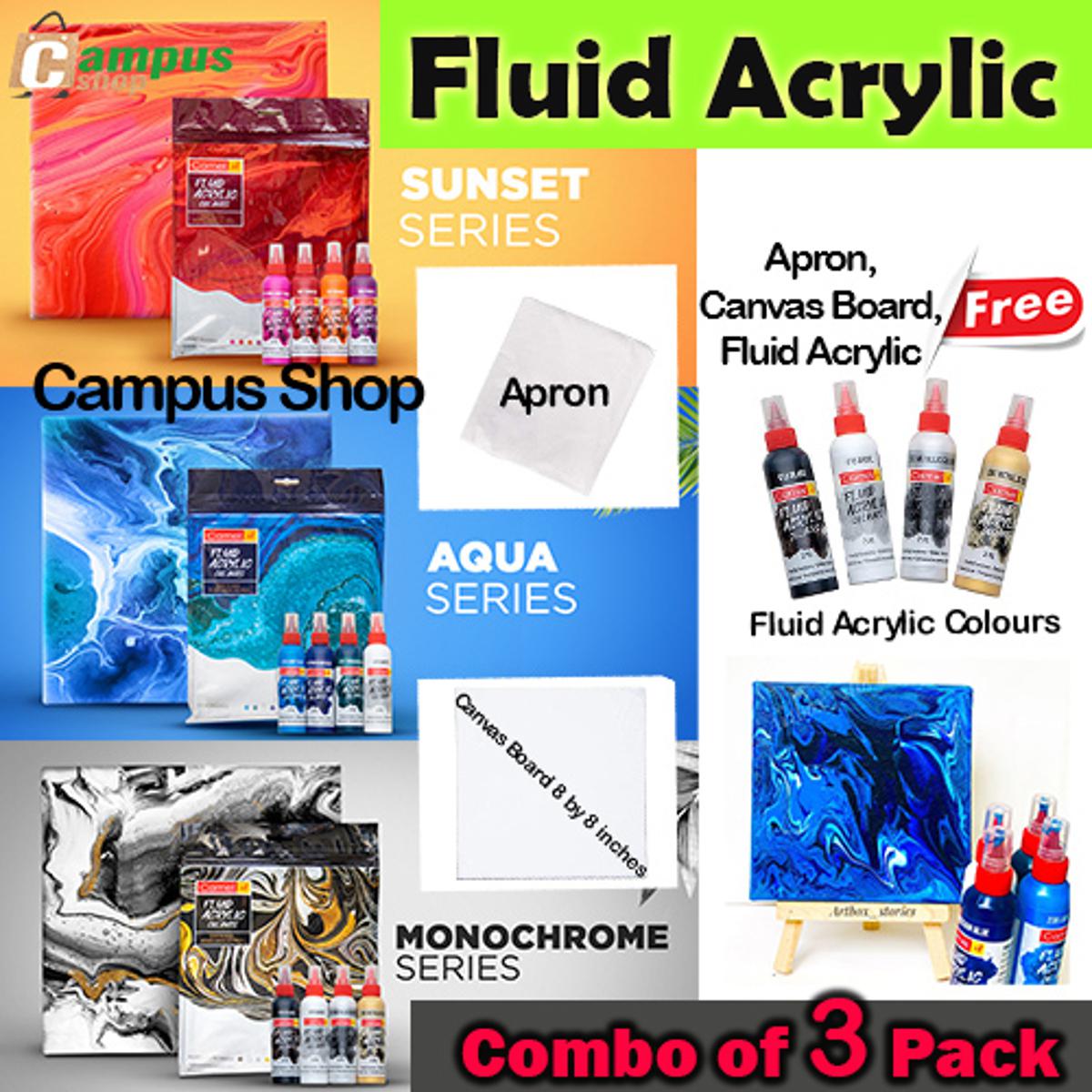 Picture of 3 Camel Fluid Acrylic Kit Paint - Sunset, Aqua & Monochrome Series 1 Extra Free Amy & ELY Canvas Board 8" x 8" inches.