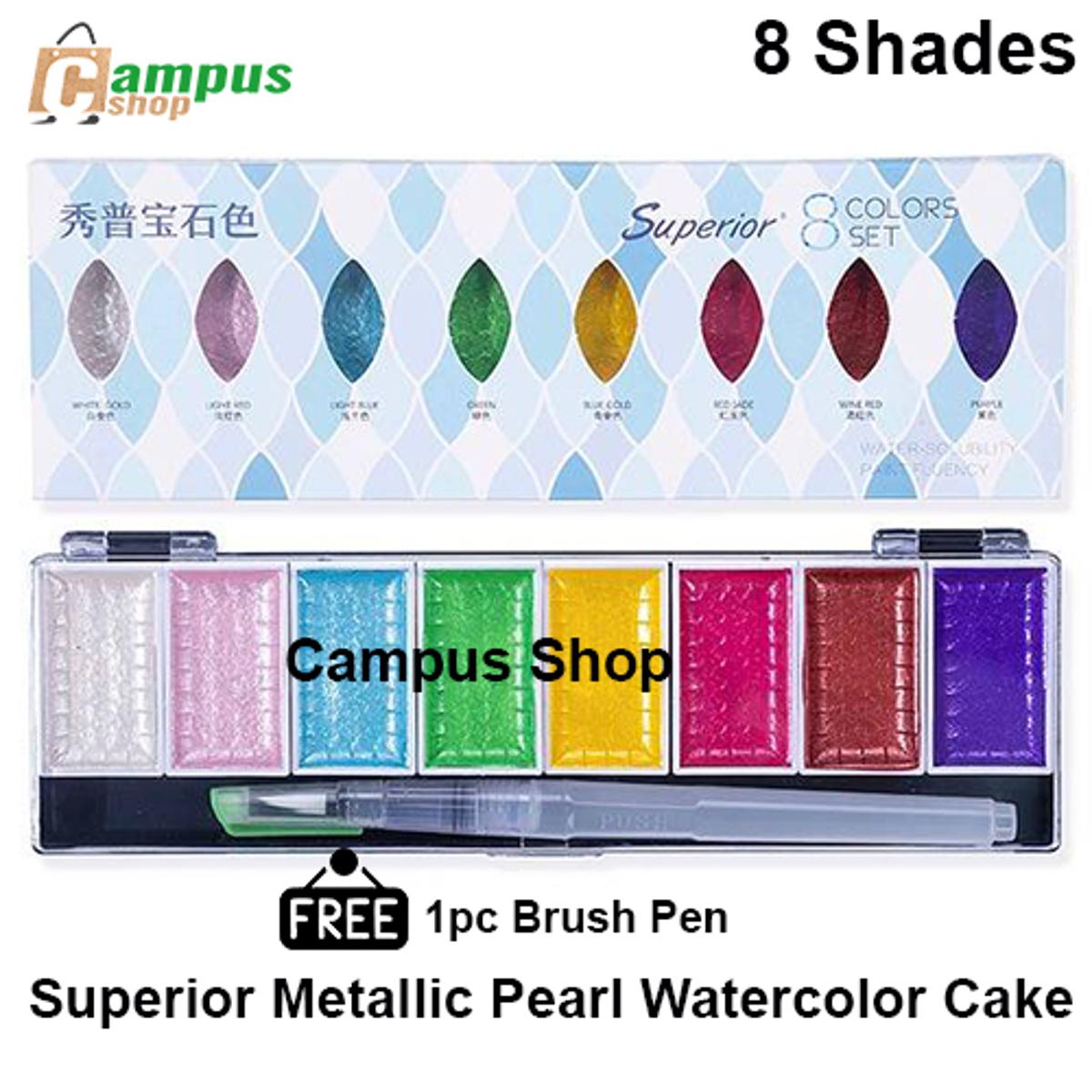 Picture of Superior Water colour Cake Paint 8  Metallic, Pearl  & Pigmented Color Box With 1pc Water brush Pen for Professional Watercolor Painting