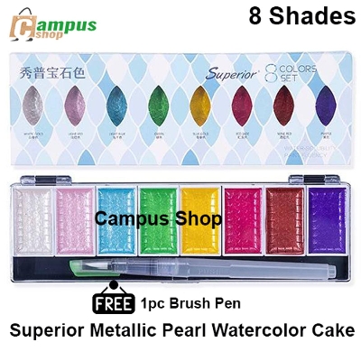 Picture of Superior Water colour Cake Paint 8  Metallic, Pearl  & Pigmented Color Box With 1pc Water brush Pen for Professional Watercolor Painting