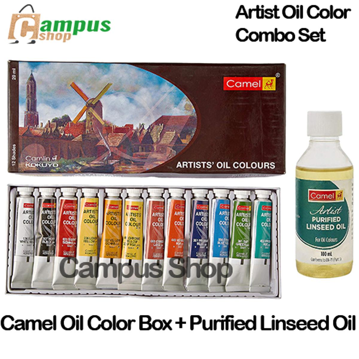 Picture of Camel Artist's Oil Color Box - 20ml Tubes, 12 Shades with Camel Artist Purified Linseed Oil for Oil Color, 100ml (Yellow)
