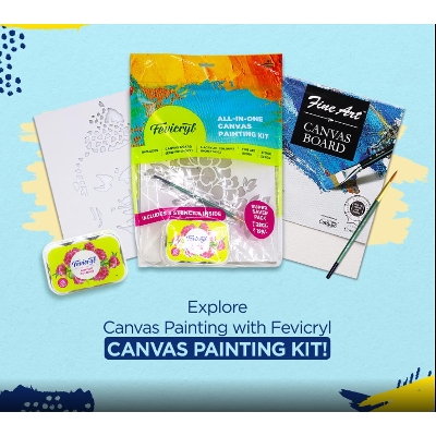 Picture of Fevicryl All In One Artist Canvas Kit (1 Canvas, 1 Brush, 1 Acrylic Colour Kit, Stencils), DIY Kit , Painting Gift Set for Artists, Students