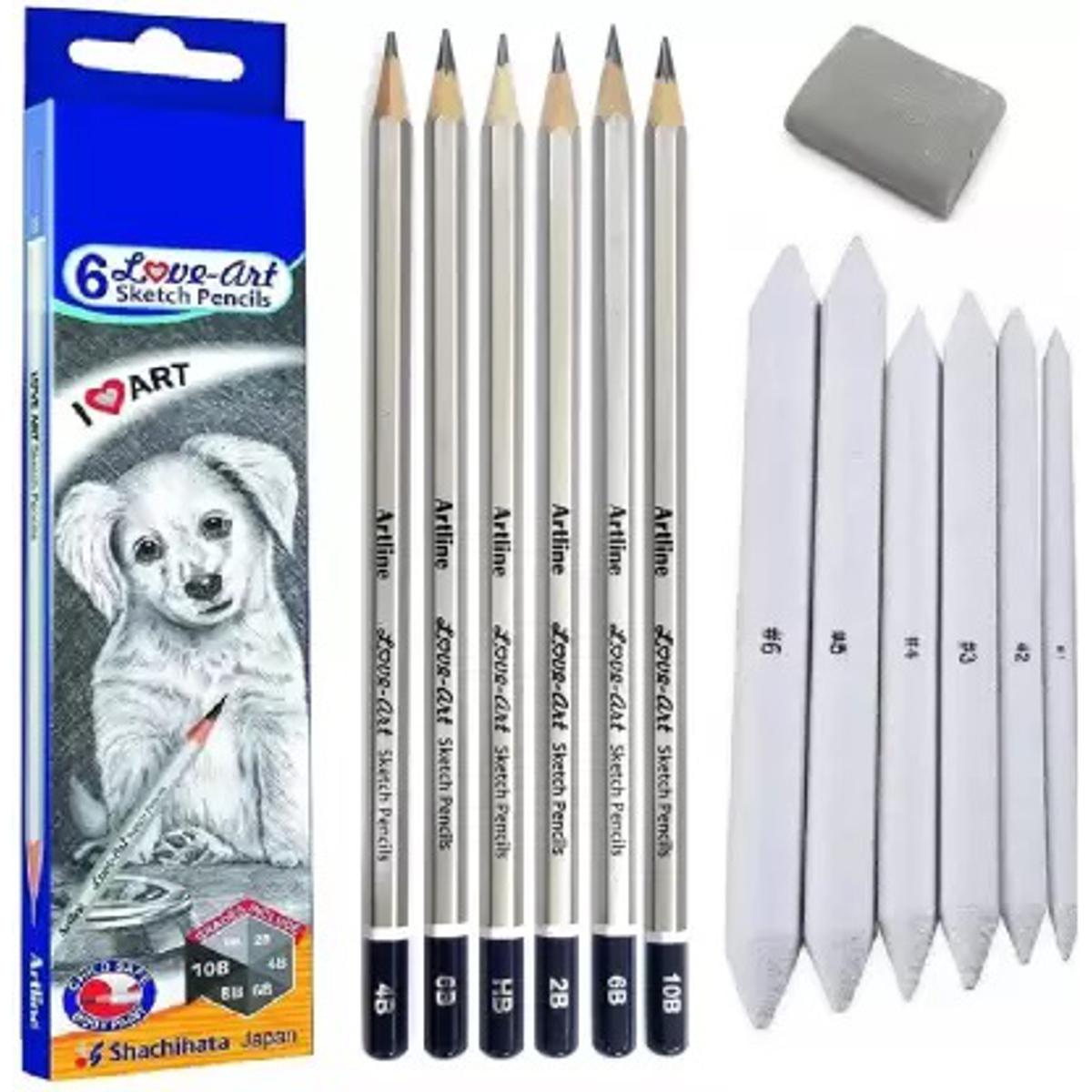 Picture of Artline Set Of 6 Sketch Pencils + Blending/Smudging Stumps Set Of 6 (Size 1 To 6) And One Kneadable Eraser For Graphite And Charcoal Pencils - Mechanical Pencil