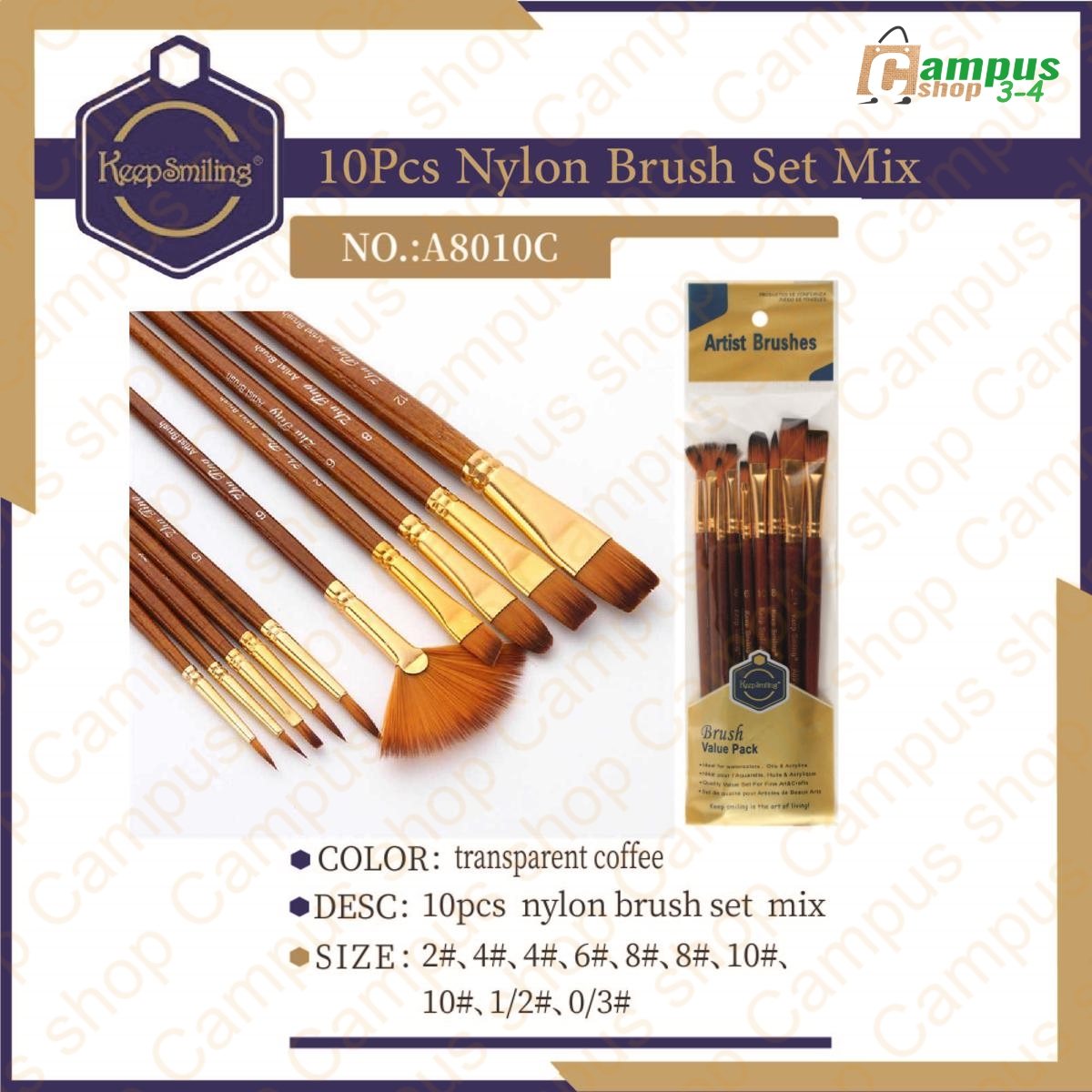 Picture of Keep Smiling 8010C - Pack of 10 Multi Shapes High Quality Nylon Professional Art Brush Set Water Color Oil Acrylic Artist Paint Brush Set