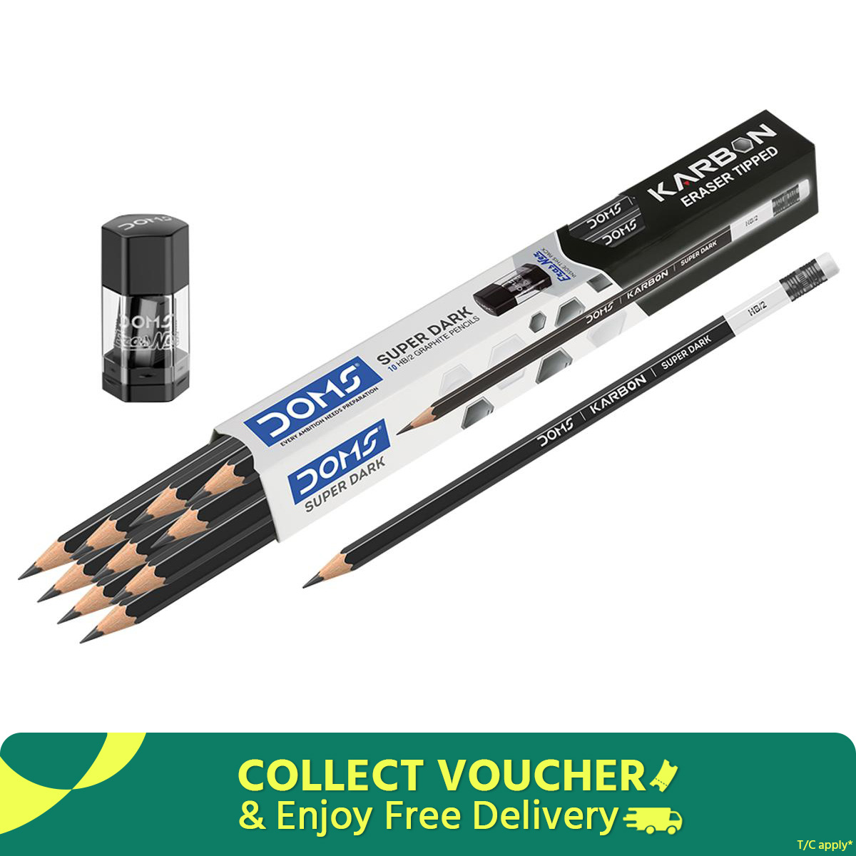 Picture of DOMS KARBON ERASER TIPPED Super Dark Pencils (Set of 10 Pcs Pencils, 01 Pc Eraser+Sharpener)