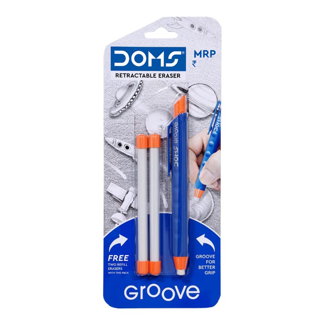 Picture of Doms Groove Retractable Eraser | Groove for Better Grip with Excellent Erasing Performance | Free 2 Refill Eraser with This Pack