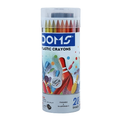 Picture of Doms 28 Shades Erasable Plastic Crayons Round Tin Box | Smooth & Even Shading | Bright & Playful Colors | Free Eraser Inside | Non-Toxic & Safe For Childrens | Pack of 1