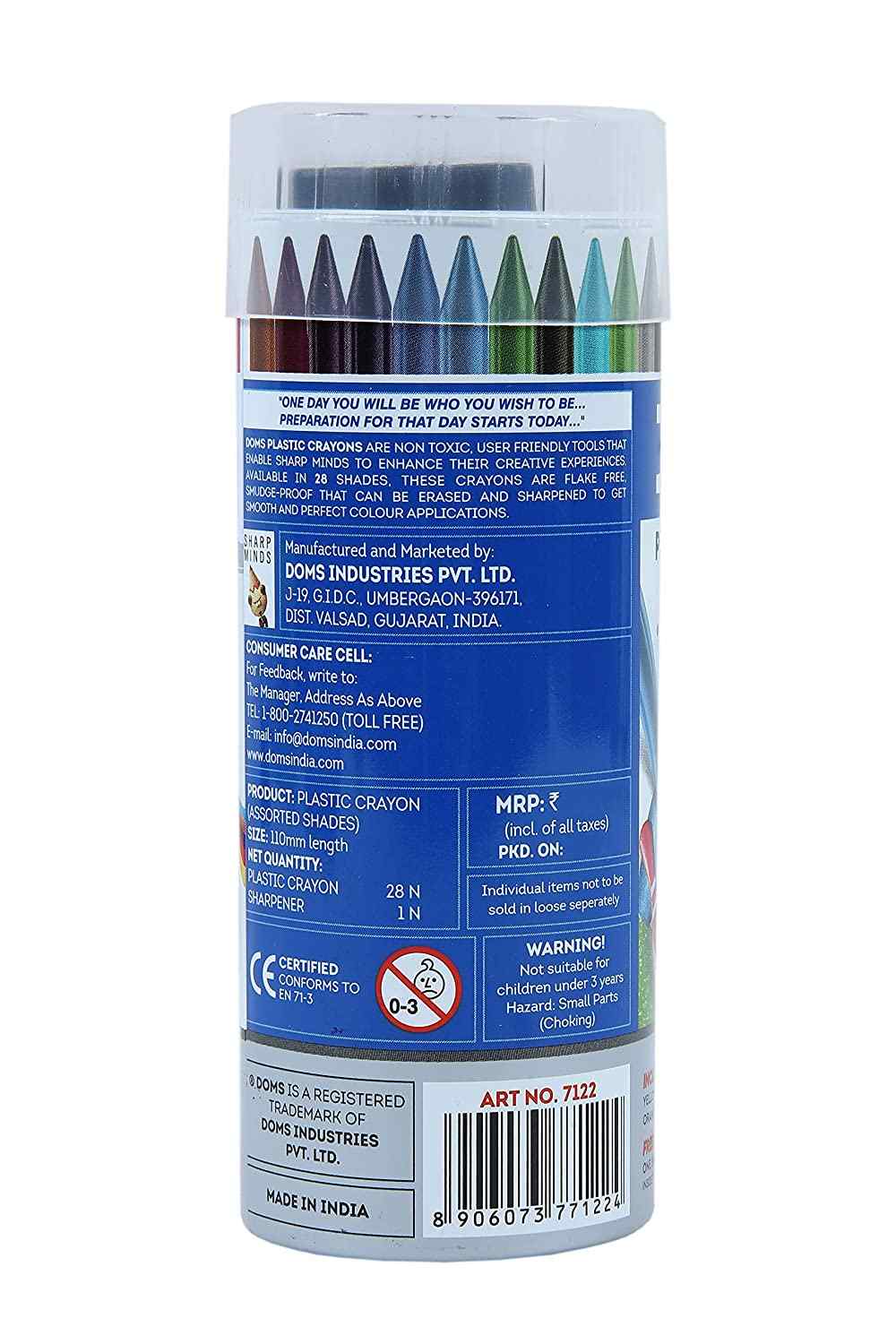 Picture of Doms 28 Shades Erasable Plastic Crayons Round Tin Box | Smooth & Even Shading | Bright & Playful Colors | Free Eraser Inside | Non-Toxic & Safe For Childrens | Pack of 1