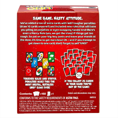 Picture of Mattel Games UNO Show ‘em No Mercy Card Game in Storage & Travel Tin for Kids, Adults & Family Night with Extra Cards, Special Rules & Tougher Penalties