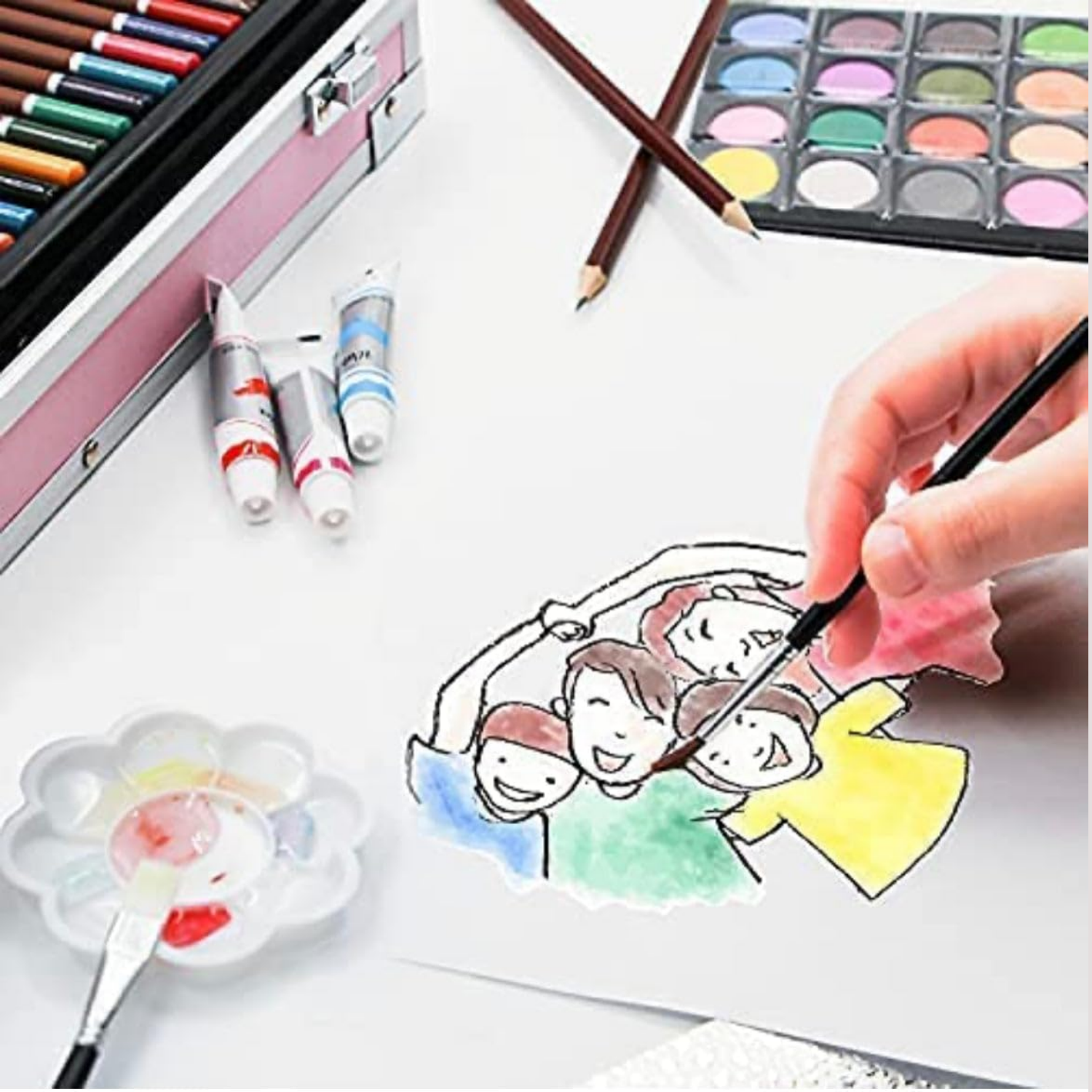 Picture of 45Pcs Professional Art Set- Drawing Painting Sketching Colouring Set- All In 1 Art Set -Oil Pastels, Colour Pencils & Pens, Water Colours & More- Unicorn Design Aluminium Case