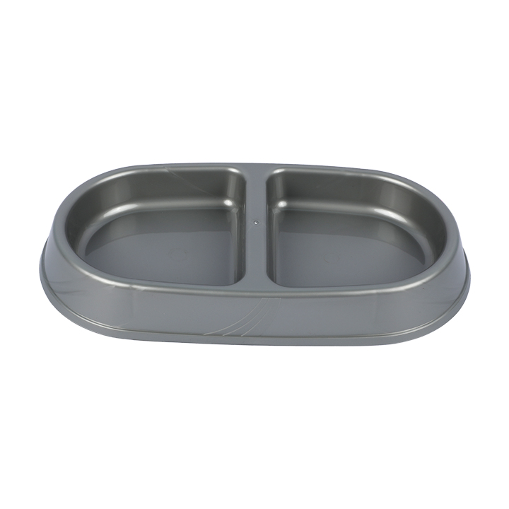 Picture of Empty Gray Oval-Shaped Dual-Compartment Plastic Pet Food and Water Bowl