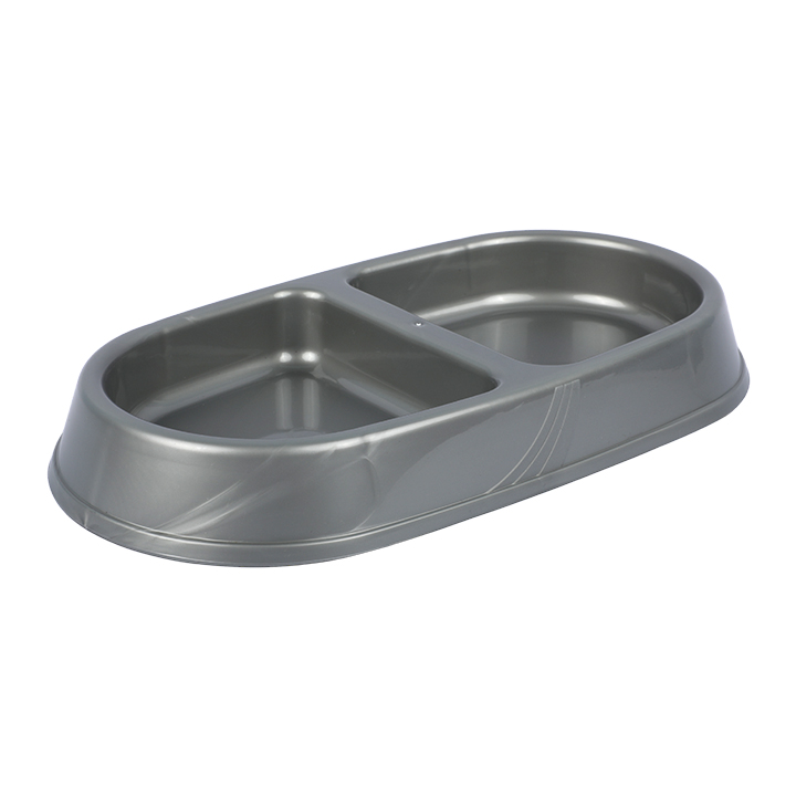 Picture of Empty Gray Oval-Shaped Dual-Compartment Plastic Pet Food and Water Bowl