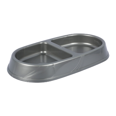 Picture of Empty Gray Oval-Shaped Dual-Compartment Plastic Pet Food and Water Bowl