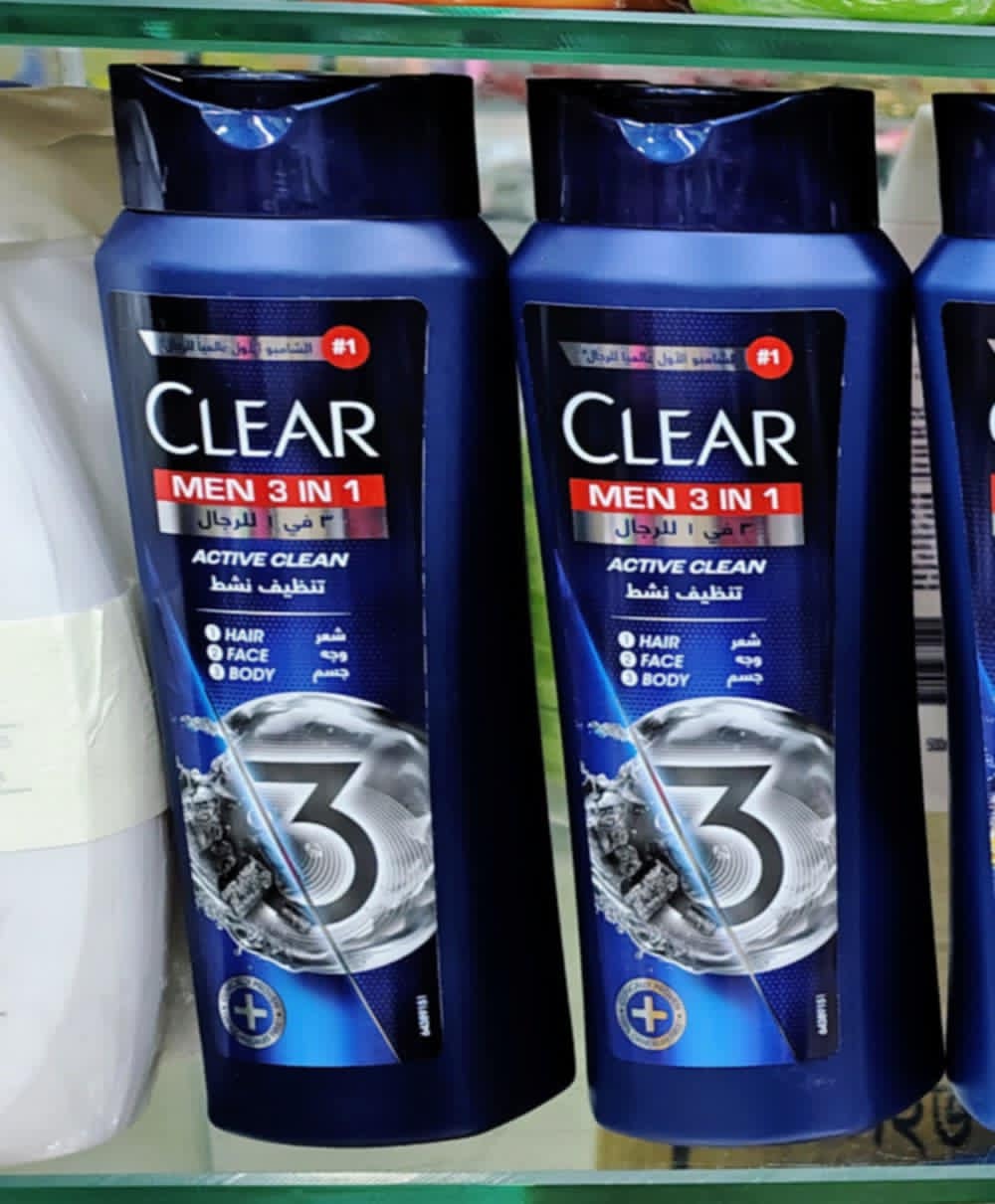Picture of Clear Men 3in1 Shampoo for men, anti dandruff shampoo for Hair, Face & Body, Active Clean, 100% dandruff-free scalp^, refreshed & moisturized skin, 400ml