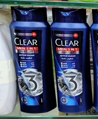 Picture of Clear Men 3in1 Shampoo for men, anti dandruff shampoo for Hair, Face & Body, Active Clean, 100% dandruff-free scalp^, refreshed & moisturized skin, 400ml