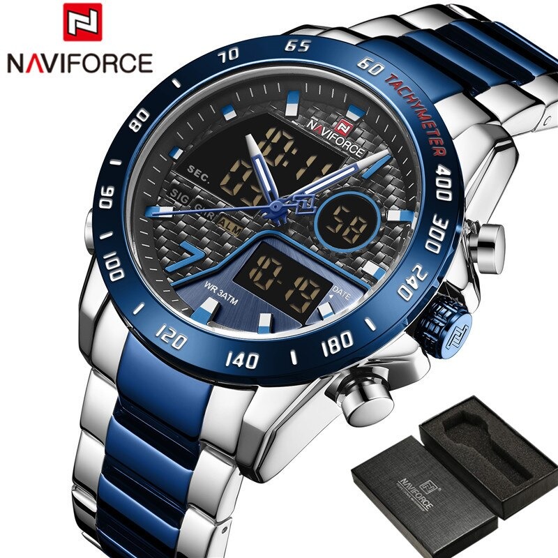 Picture of NAVIFORCE NF9171 Silver And Royal Blue Two-tone Stainless Steel Dual Wrist Watch For Men - Royal Blue & Silver