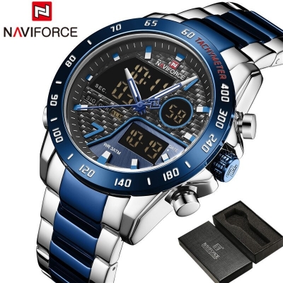 Picture of NAVIFORCE NF9171 Silver And Royal Blue Two-tone Stainless Steel Dual Wrist Watch For Men - Royal Blue & Silver