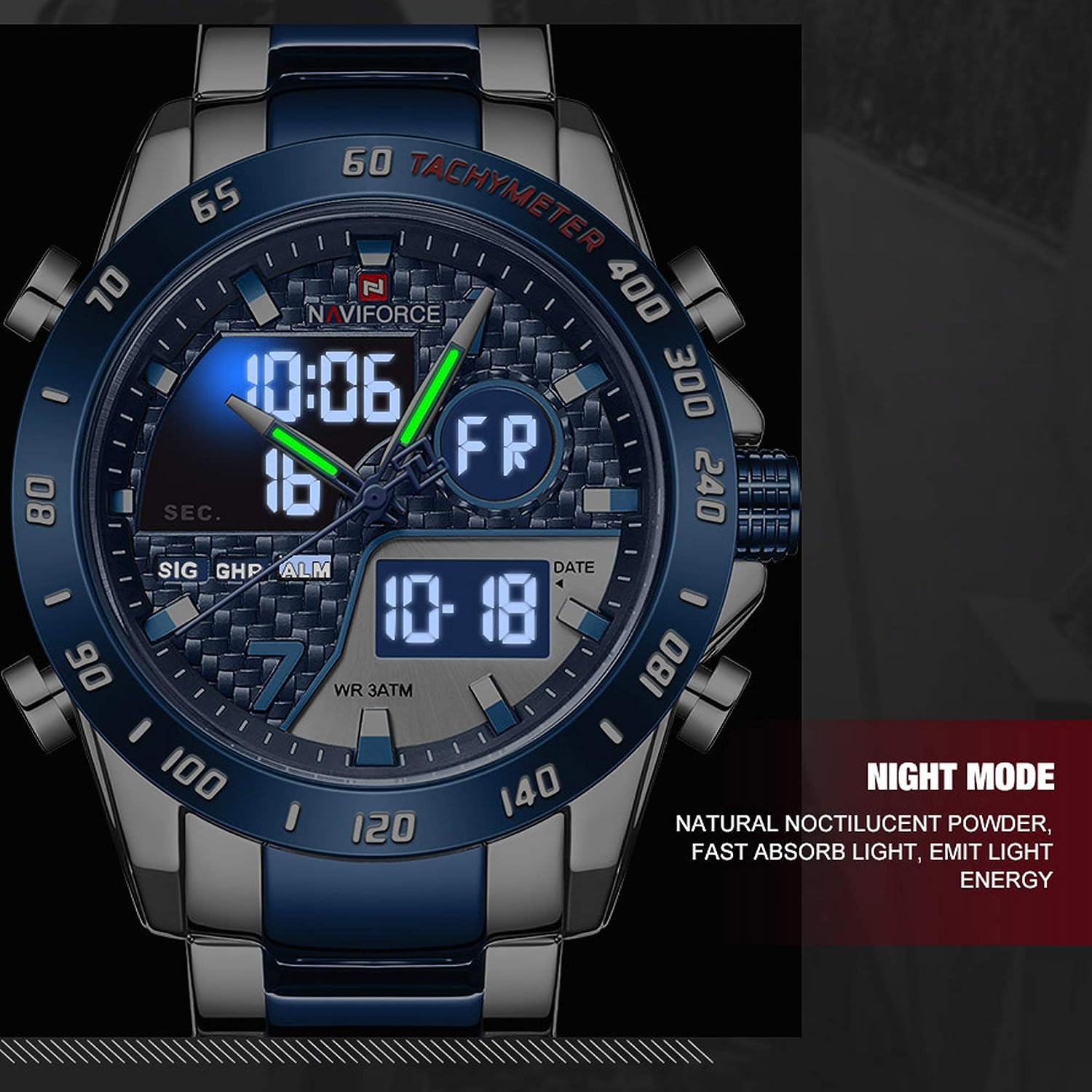 Picture of NAVIFORCE NF9171 Silver And Royal Blue Two-tone Stainless Steel Dual Wrist Watch For Men - Royal Blue & Silver