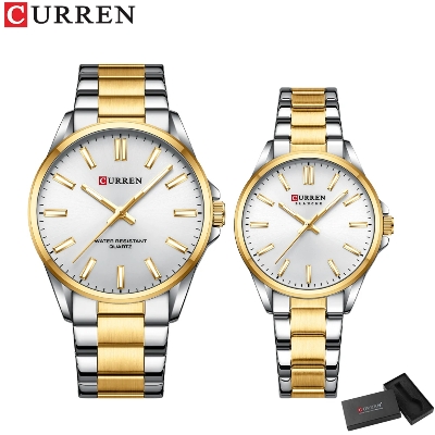 Picture of CURREN 9090 Couple Quartz Watch Bracelet For Stainless Steel Analog Fashion Creative Leisure Round Watch - SILVER & GOLDEN  WHITE