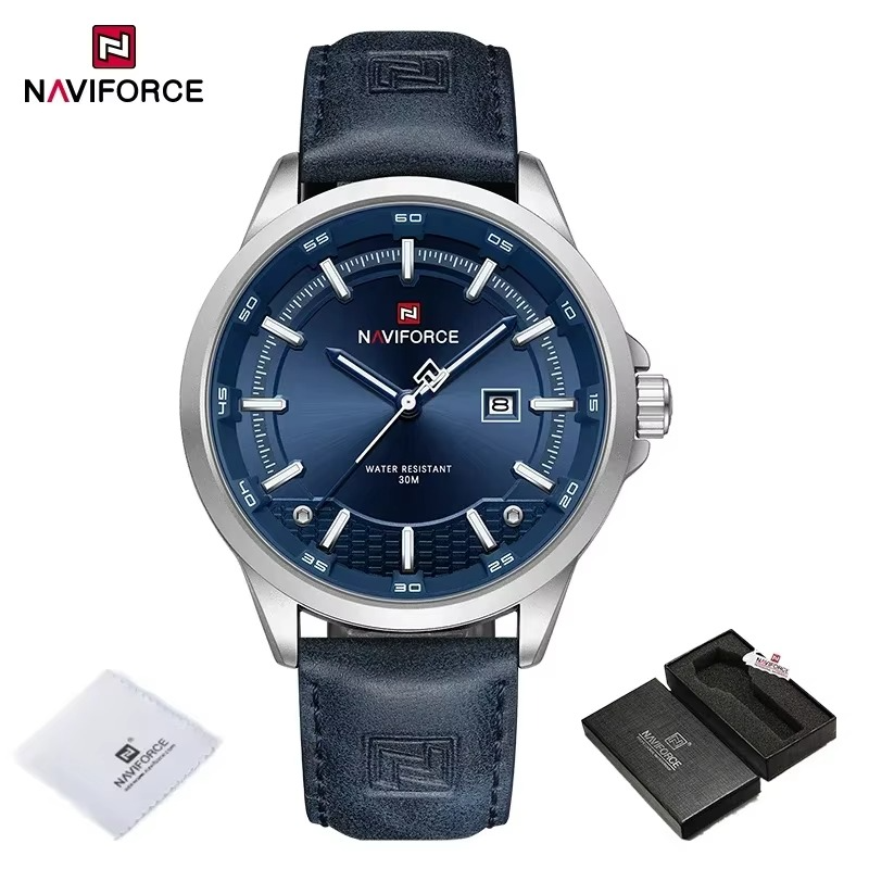 Picture of NAVIFORCE 9248 Men Watch Sport Wristwatch Top Brand Luxury Auto Date Silicone Leather Quartz Original Male Clock Gift &  Silver Blue