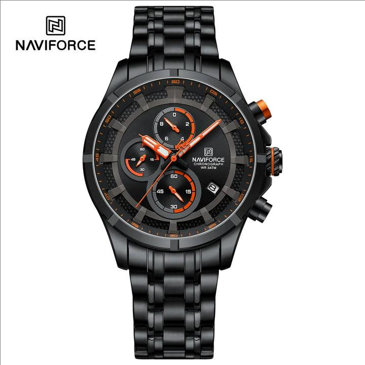 Picture of NAVIFORCE 8046 Black Orange New Color Watch for Men Quartz Wristwatch Stainless Steel Strap 3ATM Waterproof Chronograph Watches