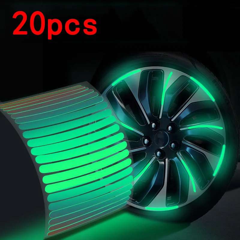 Picture of 20pcs Car Wheel Hub Reflective Sticker Tire Rim Reflective Strips Luminous for Night Driving Car Bike Motorcycle Wheel Sticker