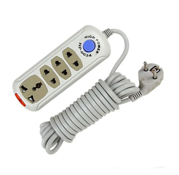 Picture of High Power HP 4 Gang Socket Multiplug Power Strip – 4 Port Extension with 2M/5M Cable | 2500W Max Load | Overload & Surge Protected | Power Switch & Indicator | 2 Pin Plug – White