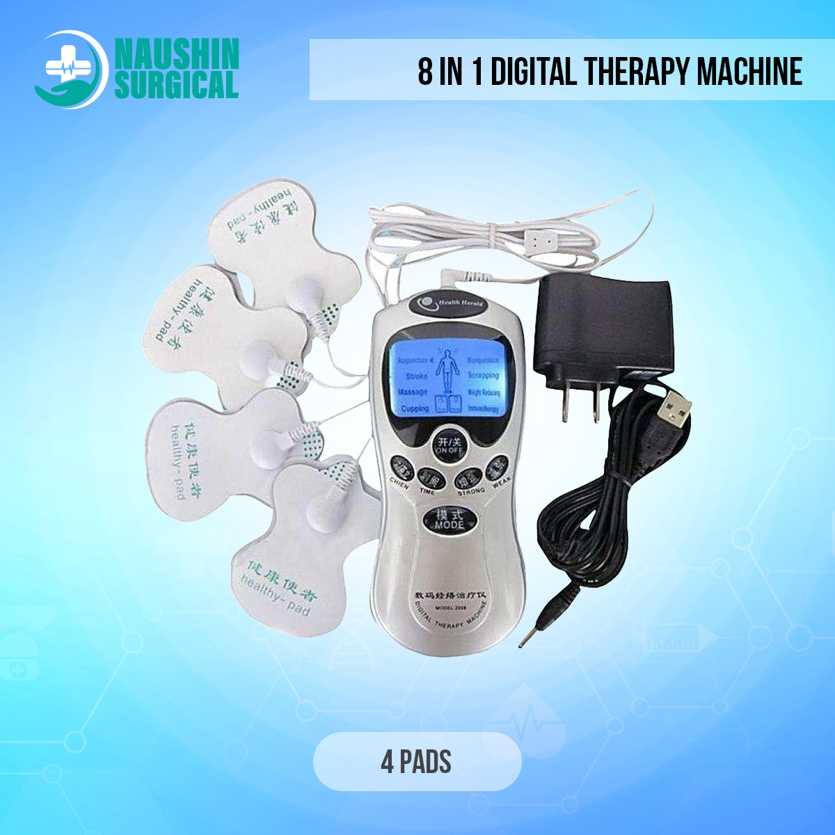 Picture of 8 In 1 Digital Therapy Machine  Electric Muscle Stimulator Device With Acupuncture & Vibration  Pain Relief Pulse Massager, 4 Pads With Palm Device, Battery & Electric Operated