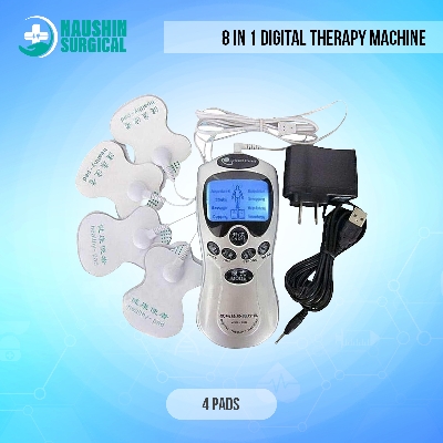 Picture of 8 In 1 Digital Therapy Machine  Electric Muscle Stimulator Device With Acupuncture & Vibration  Pain Relief Pulse Massager, 4 Pads With Palm Device, Battery & Electric Operated