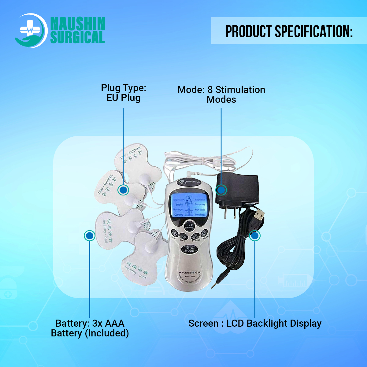 Picture of 8 In 1 Digital Therapy Machine  Electric Muscle Stimulator Device With Acupuncture & Vibration  Pain Relief Pulse Massager, 4 Pads With Palm Device, Battery & Electric Operated