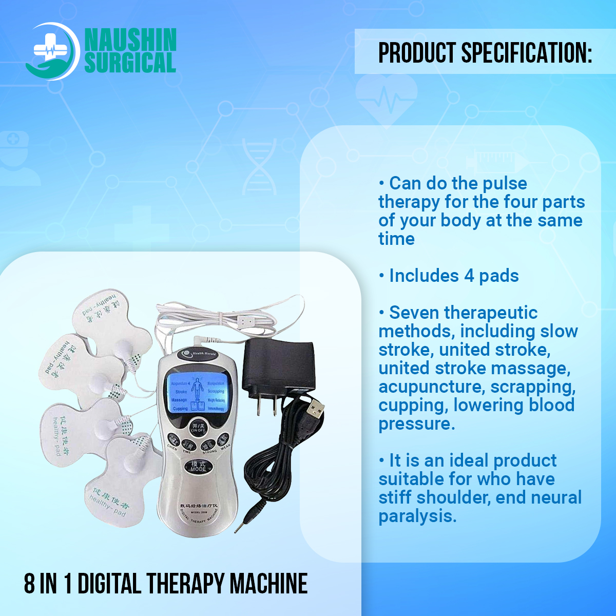 Picture of 8 In 1 Digital Therapy Machine  Electric Muscle Stimulator Device With Acupuncture & Vibration  Pain Relief Pulse Massager, 4 Pads With Palm Device, Battery & Electric Operated