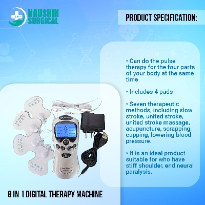 Picture of 8 In 1 Digital Therapy Machine  Electric Muscle Stimulator Device With Acupuncture & Vibration  Pain Relief Pulse Massager, 4 Pads With Palm Device, Battery & Electric Operated